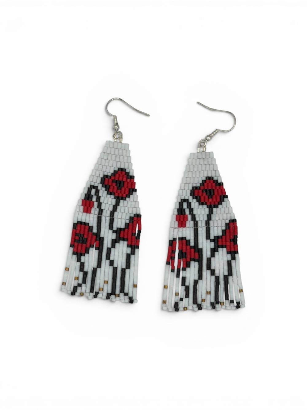 Handmade Red Poppy Beaded Floral Fringe Earrings Canadian Artisan